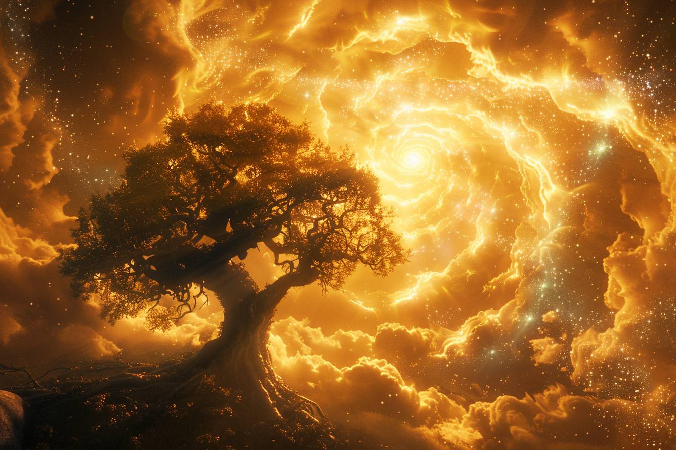 『ソーラー・サンクチュアリ』にある、太陽プラズマの黄金色の渦巻きと太陽からの帯電粒子のアズール色の流れに満ちた空の下に立つ古代のオークの木。
