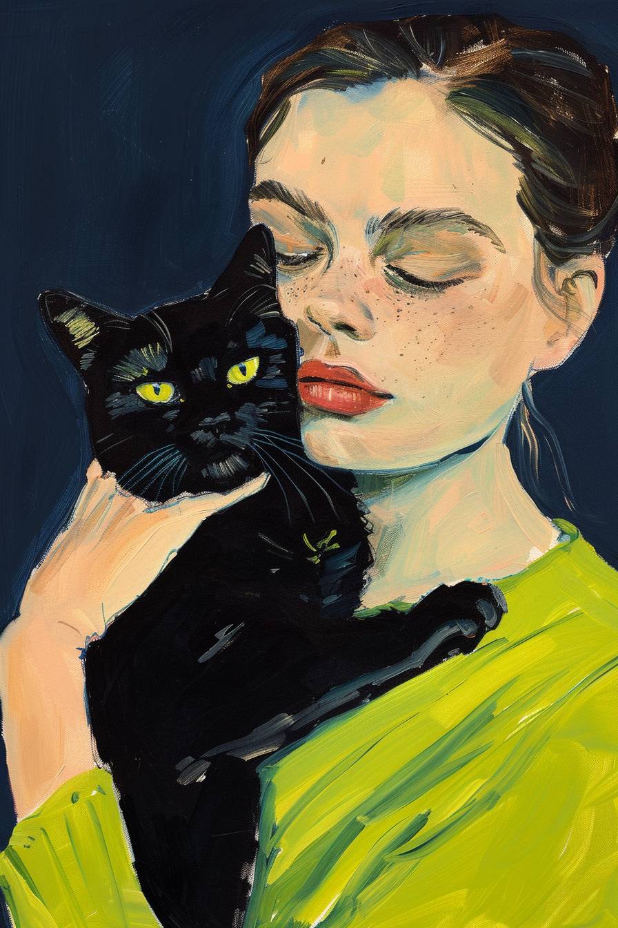 A vintage style gouache painting in the manner of Maira Kalman, depicting an androgynous woman with green eyes wearing lime green, holding a black cat against a navy blue background, simple, minimalistic, cute.