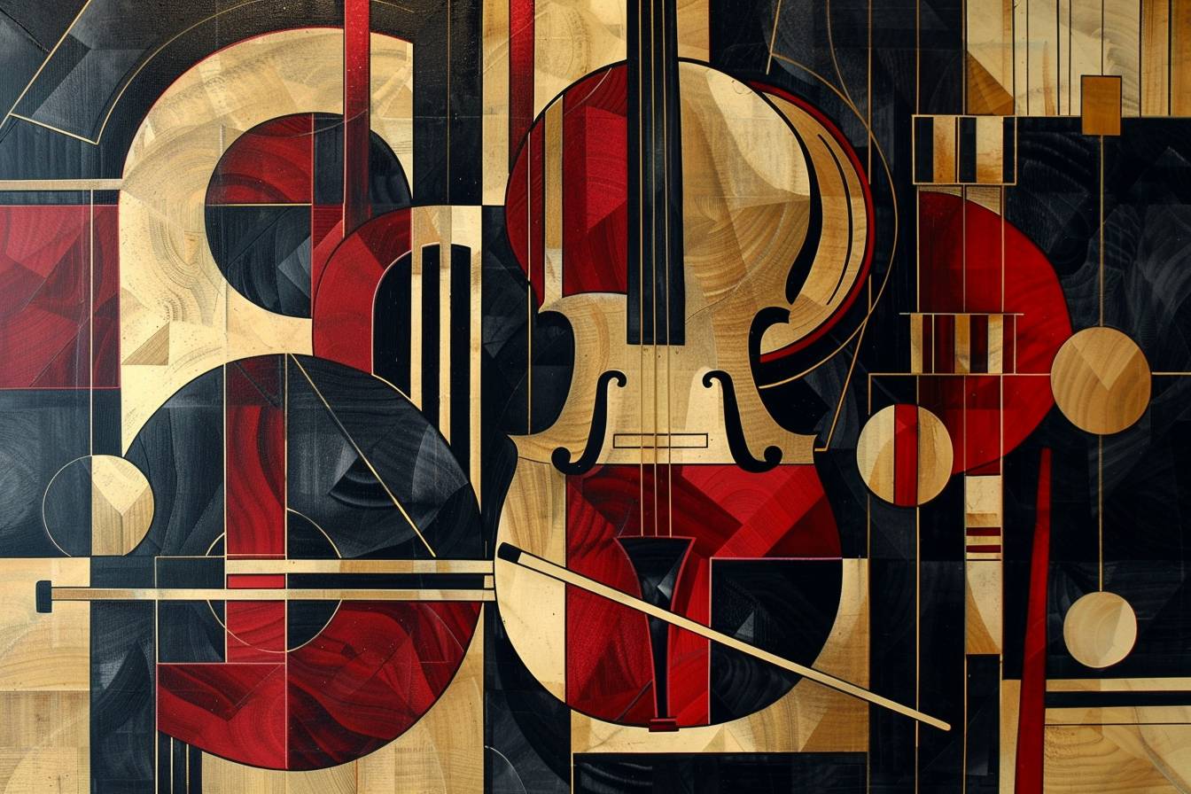 An abstract composition of musical instruments in Constructivist style, with ebony black and gold geometric forms