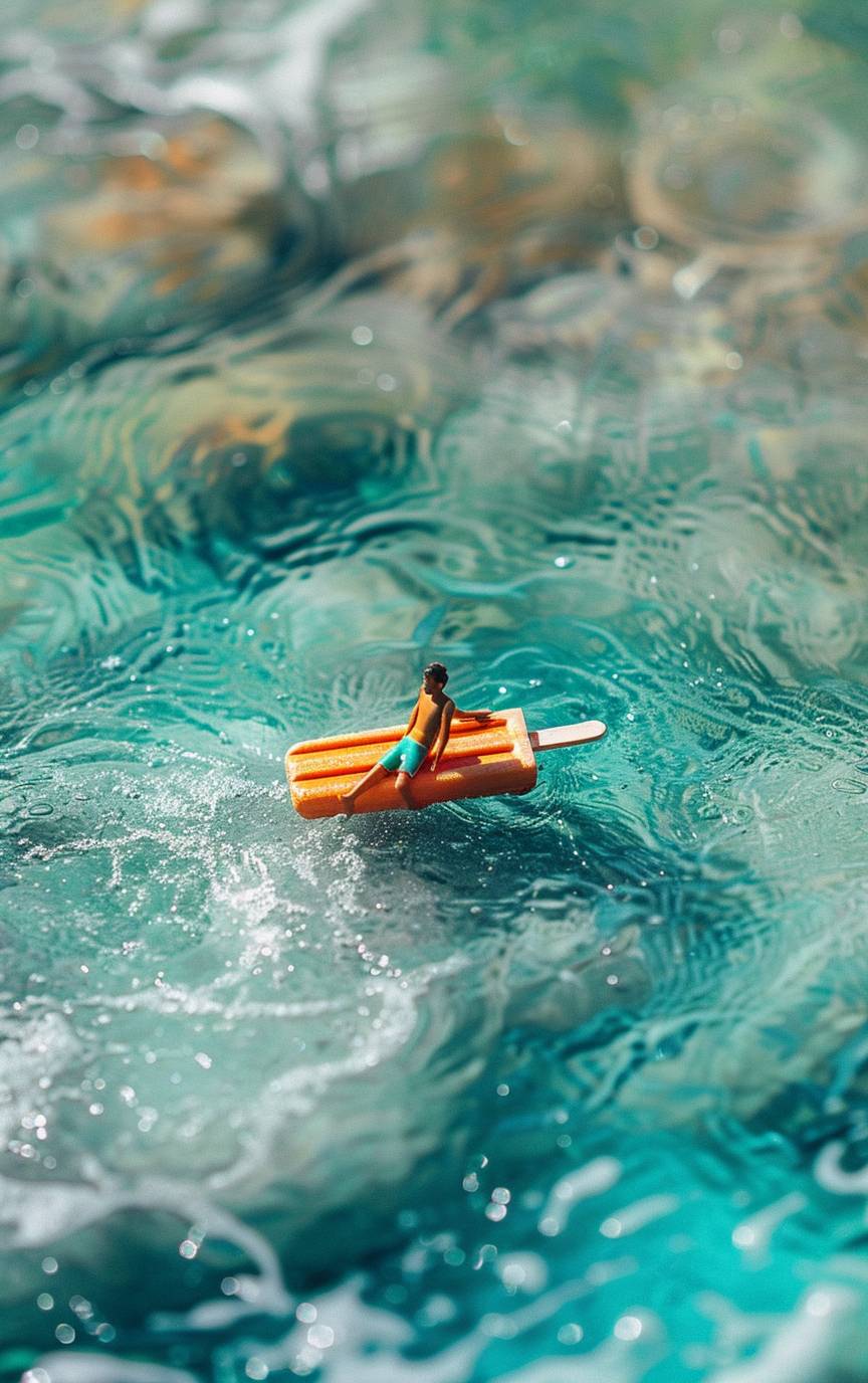 Miniature photography, clay material, simple scene, summer posters, a man is lying on a Popsicle floating in the water, the colors naturally express the coolness of summer and the ease of life