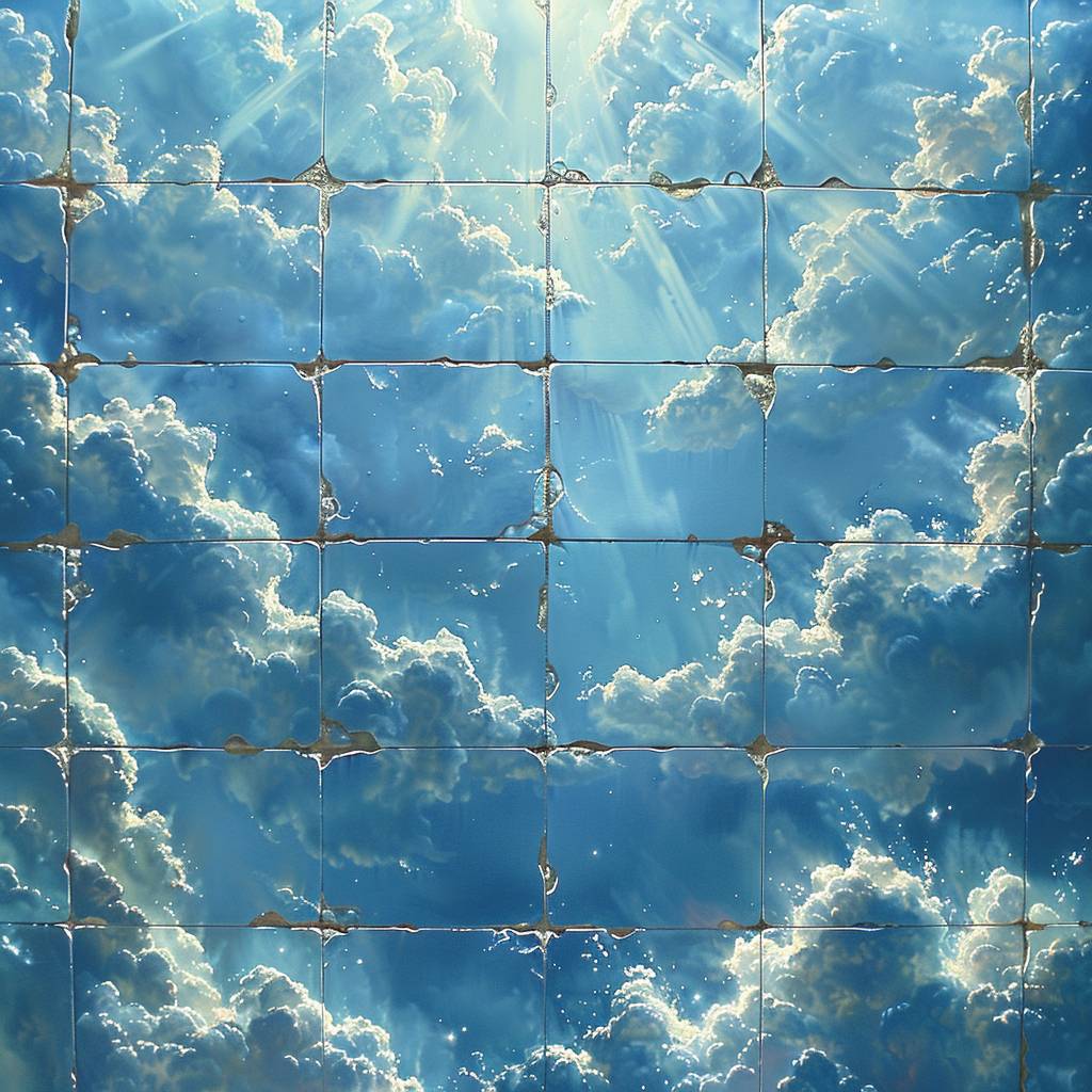 grid of tiles on the ceiling, with a sky painted onto it, looks like clouds and mist, in a photorealistic style, in the style of hyperrealism, close up, shot from below, with a wide angle.