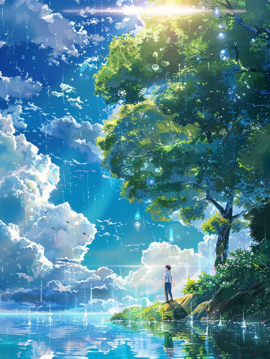 A couple holding hands and walking in the blue sky, surrounded by green trees, in the anime style, in the style of Makoto Shinkai, with light white and cyan colors. Movie poster with colorful animation stills, shining clouds, and shining water droplets, all in the sunshine style.