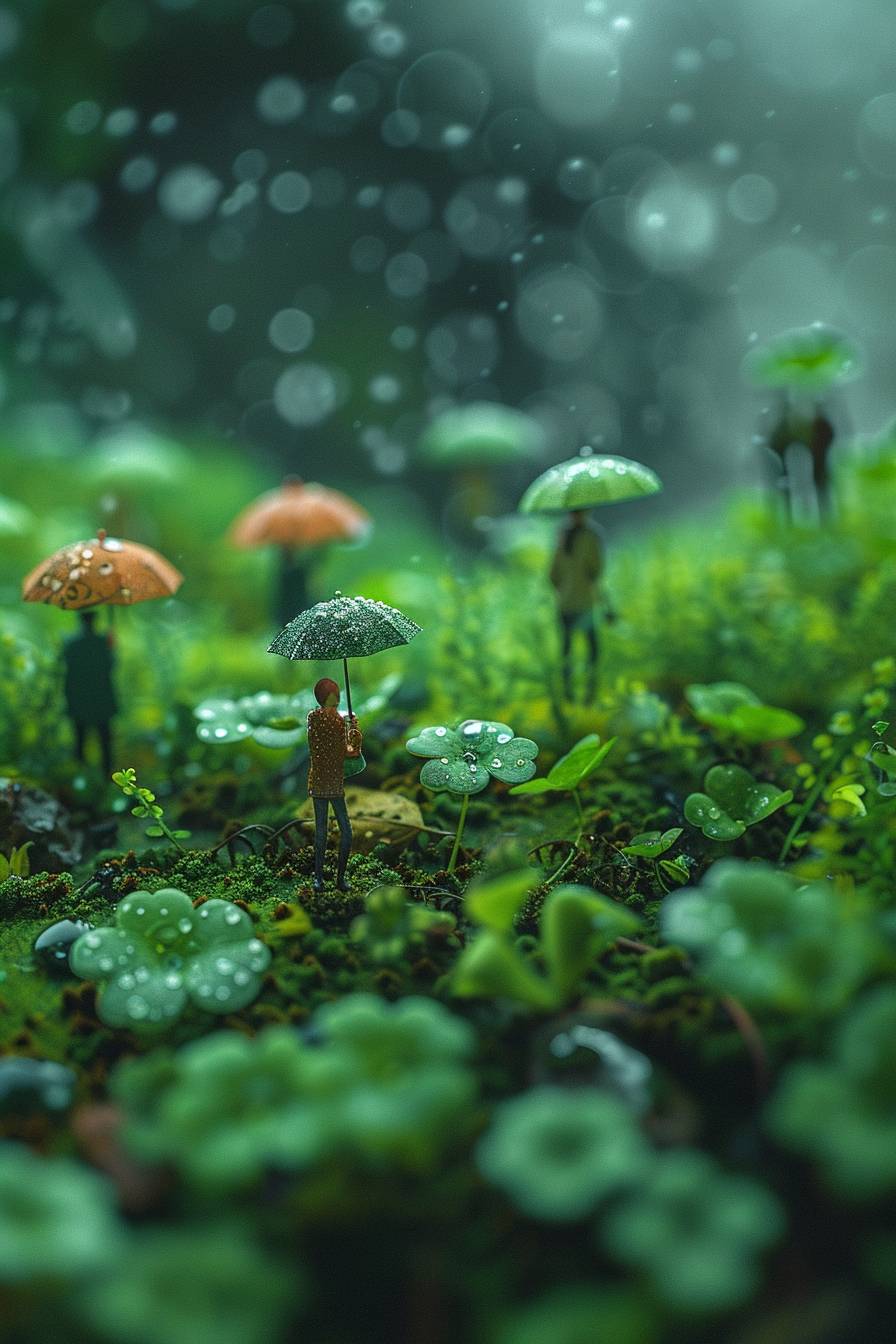 This is a miniature scene. In the middle of the picture is a clover. Some people are holding umbrellas next to the clover. Lush scenery, spring, rain, soft mist, high-definition natural light, tilt-shift photography, photographic work, octane render.