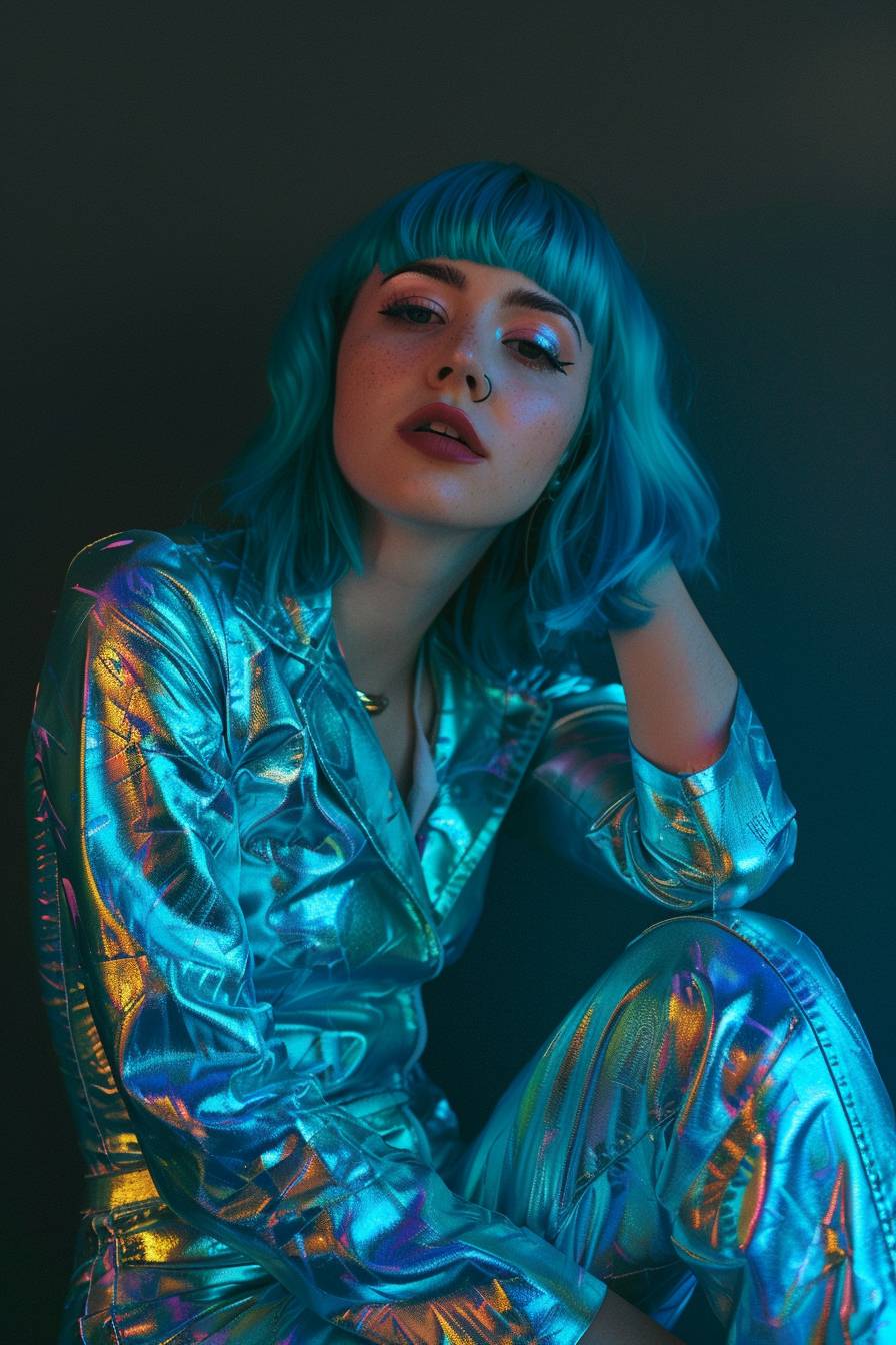 A young stunning woman with vibrant blue hair, wearing a metallic jumpsuit adorned with geometric patterns reminiscent of Retro Futurist Dadaism