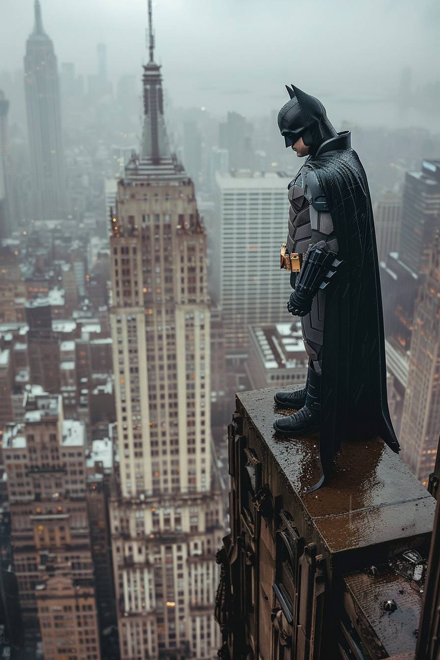バットマンが高い建物の上から街を眺めている、高所恐怖--ar 2:3  --v 6.0