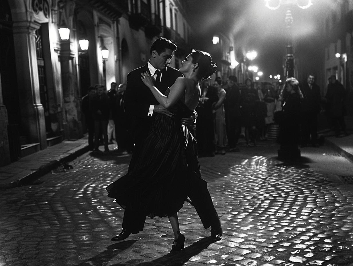 A couple dancing tango. Intense gaze. Red dress and black suit. Buenos Aires street. Night in 1985. Cobblestone street, spectators, old buildings. Medium shot, full body. Captured with a Canon AE-1, Ilford HP5 Plus film. Street lamp casting long shadows, fabric of the dress caught mid-twirl.