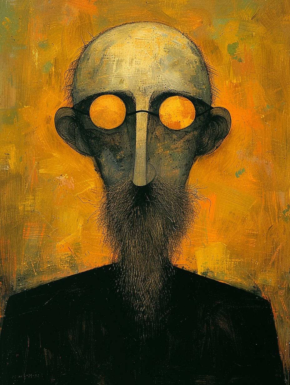 Orange eyeglasses on a monsterously hideous face, Zdzislaw Beksinski style