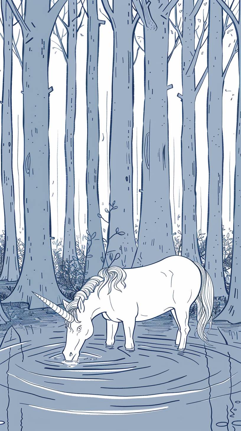 内部に森のある油の中にいる一角獣が脱出を試みる。青いペンの描画で、シンプルな線と白い背景、漫画スタイル、ミニマリズム、シンプルな詳細、シンプルな着色ページ
