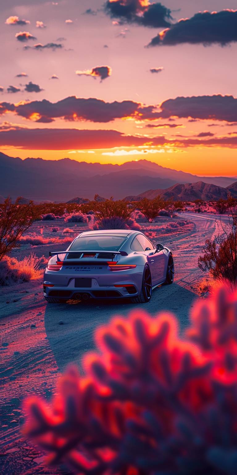 Porsche minimalist modern wallpaper, a Porsche car in the desert at sunset, light orange and dark purple gradient background, simple design style, high resolution, large scale composition, soft lighting, detailed rendering of textures, delicate details, minimalism, and surrealistic elements.