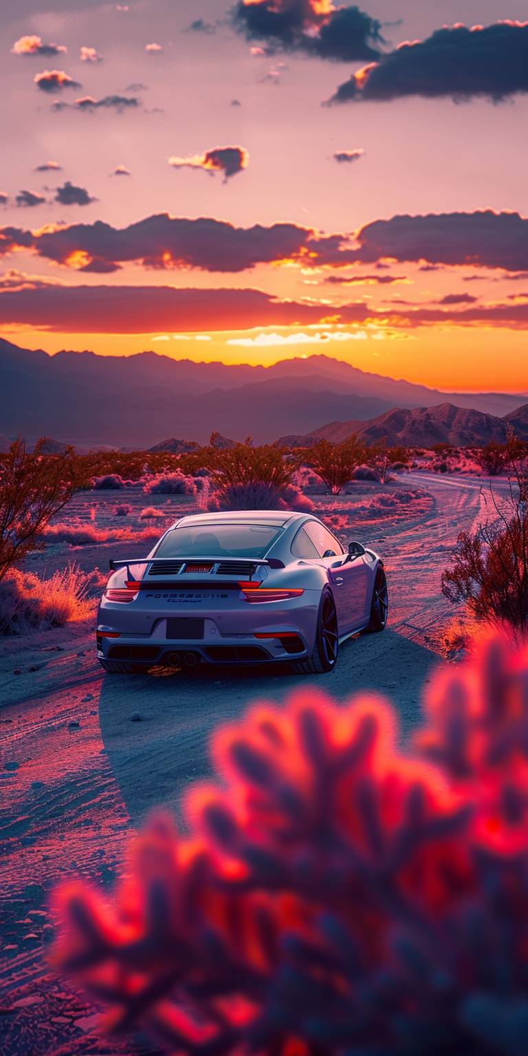 Porscheのミニマリストモダンな壁紙、夕日の沙漠にあるPorscheの車、ライトオレンジとダークパープルのグラデーションの背景、シンプルなデザインスタイル、高解像度、大規模な構図、柔らかい照明、細かいテクスチャのレンダリング、繊細なディテール、ミニマリズムと超現実主義の要素が組み込まれています。