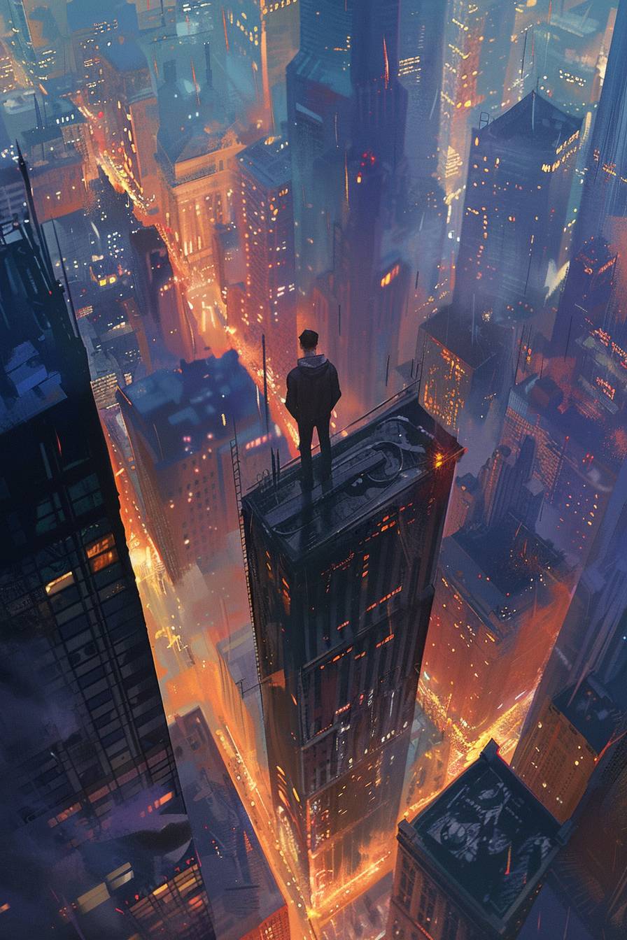 An illustration of a man on a high building watching the city, experiencing vertigo