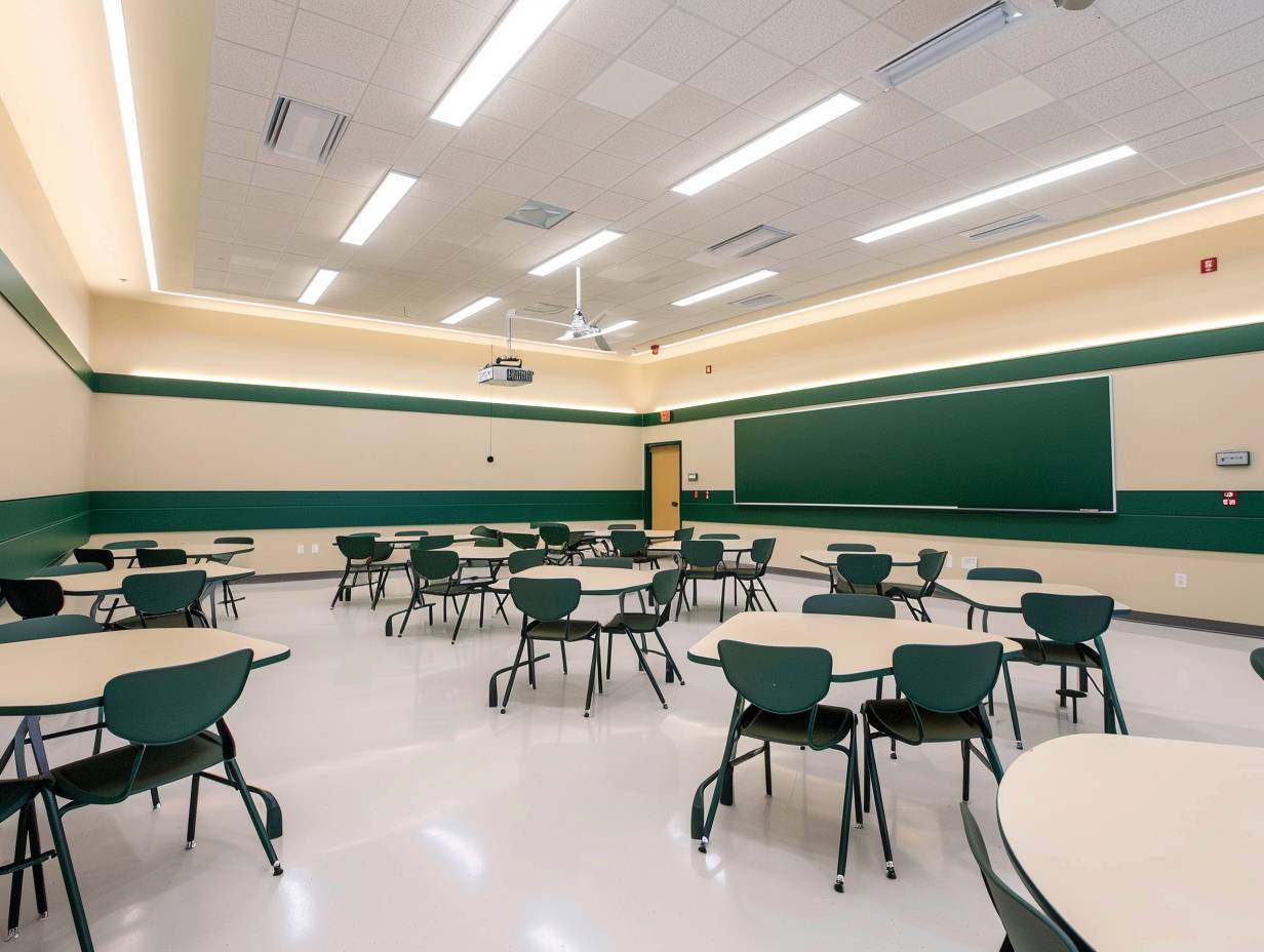 モダンな高校教室の内装デザイン、クリーム色の壁にダークグリーンのアクセントとテーブル、椅子、クリーム色の床、テーブルの前に大型のスマートボード、モダンでミニマリストスタイル