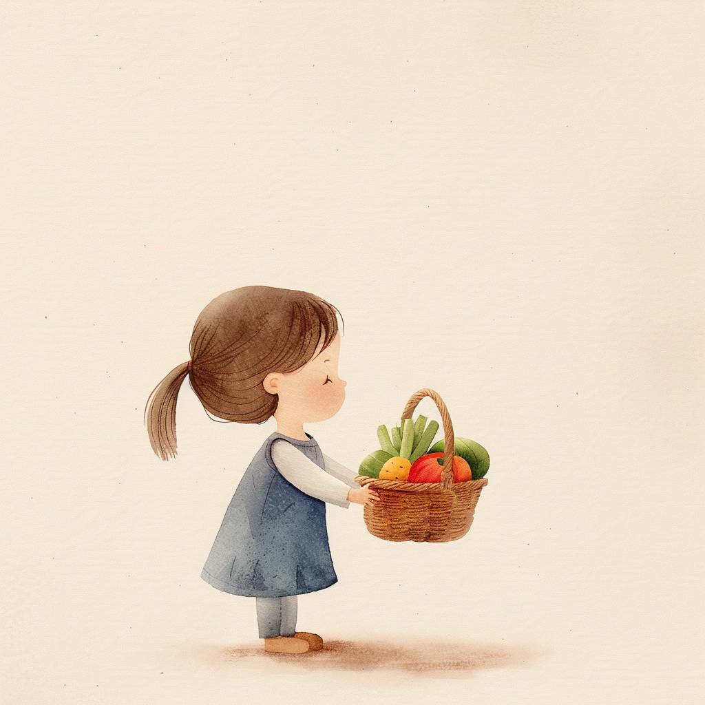 1717910265 watercolor, flat design, simple lines, simple shapes, hand drawn doodle by Kestutis Kasparavicius, the little girl is holding a basket of vegetables in her hand.