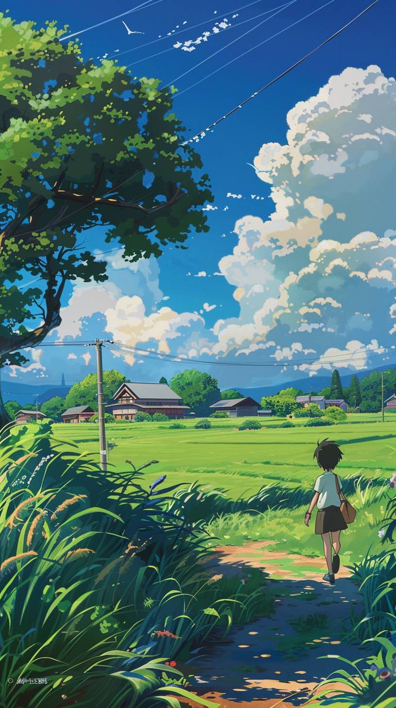 A child walks along the country road, in front of him is an endless green field with tall grass and trees on both sides of it. In the distance there are two houses, a blue sky and white clouds, in the style of Miyazaki, in the style of Makoto Shinkai, in the style of Miyama Tatsuya, in the style of Ghibli Studio, Mivamoto Musashi.