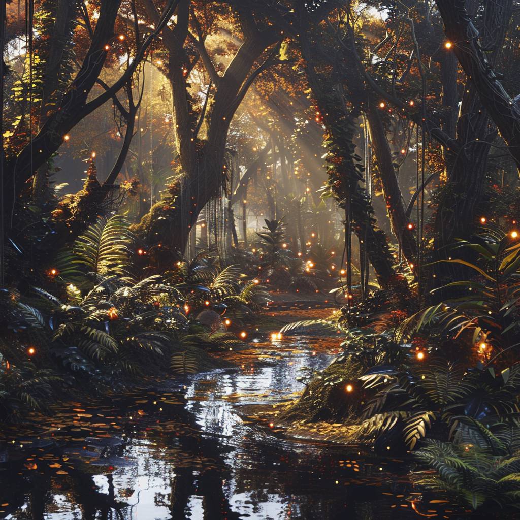 密集なアステカ式中央アメリカの神秘的な森を写実的に描いたもので、古代の柳の木を通して差し込む黄金色の午後の光に浴しています。 地面には落ち葉、シダ、小さな発光花があり、幽霊のような長い影が森の床に投影されています。 魔法のような朝の小川が色と光を反射し、静かで魅惑的な雰囲気を作り出しています。サイファイの風景、アマゾンのジャングル、古代文明、映画的、叙事詩的なリアリズム、64K、超高詳細、ライフスタイル写真、リアル、叙事詩的なリアリズム、肖像、超高品質、超リアル、長時間露光ライティング、スポットライト、ナチュラルライティング、ソフトライティング、ディフューズ、叙事詩的なリアリズム、ハイクオリティ、ハードライティング、バックライト、夢見る雰囲気。