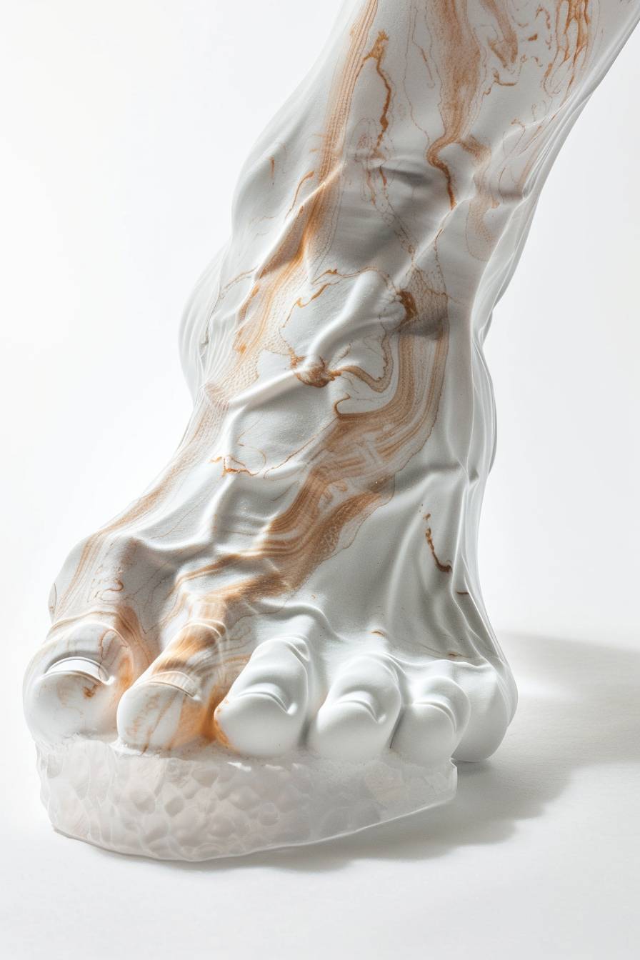 Human marble foot, in Roman style, on white background, hyperrealistic airbrush art, fashion