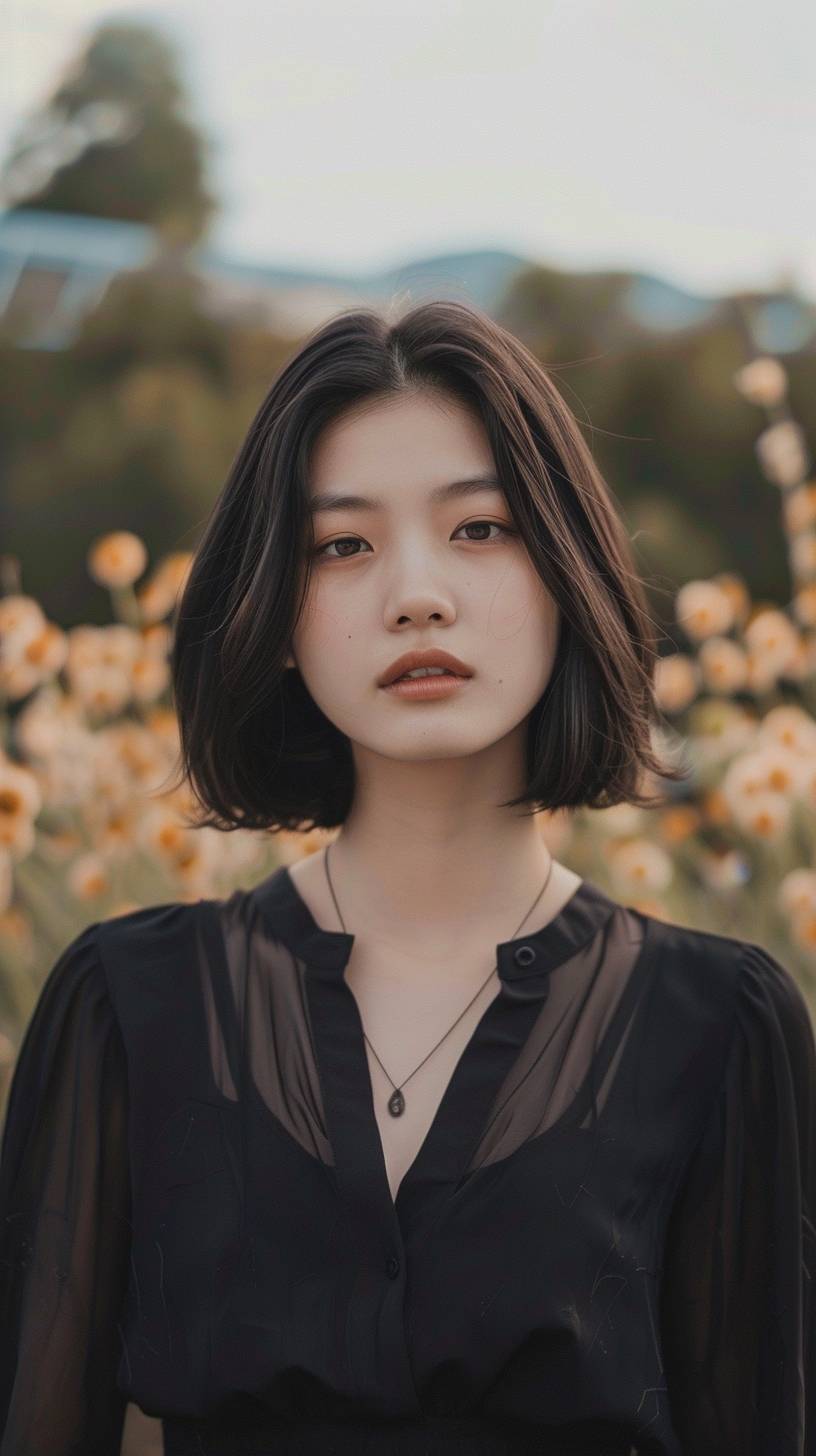 Instagram向けに、黒いボブヘアスタイルのアジアの女の子が黒いトップスを着てエレガントに装っている、自然で視覚的に魅力的なシーンを写した写真を生成してください。女の子のポーズ、表情、全体の雰囲気などのディテールに注意してください。Instagramの美意識にシームレスに適合し、実写と区別がつかないような画像を作成してください。＃アジアンビューティ＃ブラックトップスタイル＃InstaFashionなどの関連ハッシュタグを使用することを忘れずに。目標はInstagramのフィードにシームレスに溶け込み、本当に魅力的でウルトラリアルな、細部にまでこだわった、Sony 7Rで撮影し、4K解像度の写真を作成することです。