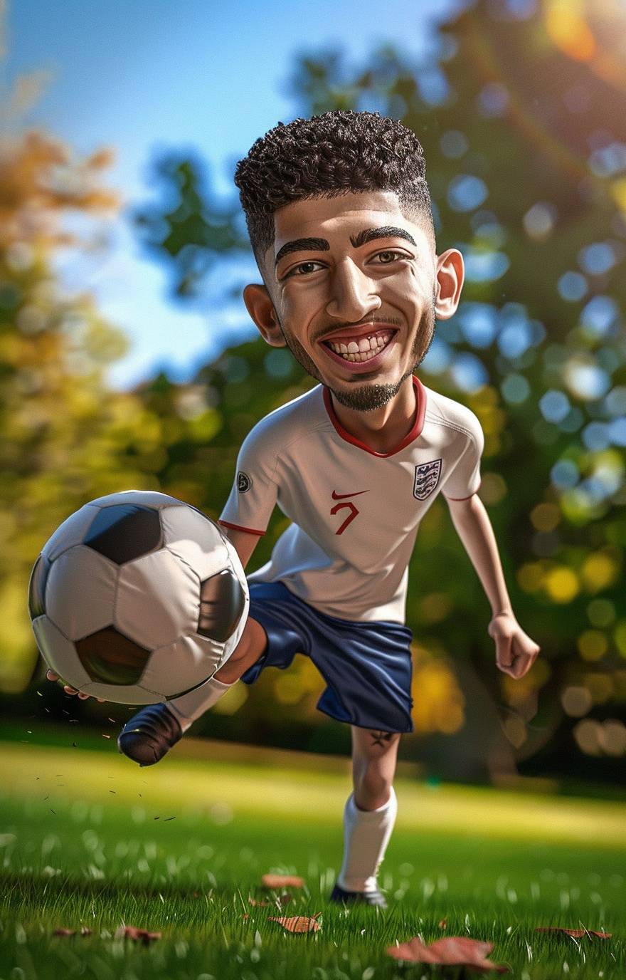 Photorealistic Jude Bellingham playing soccer, smiling, big head caricature
