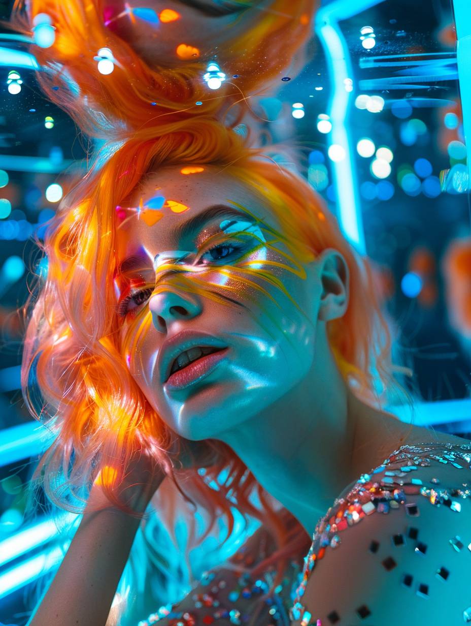 A young woman with vibrant neon hair and geometric Art Deco patterns painted on her face, posing in a surreal, dream-like setting with mirror-like floors and walls reflecting her image.