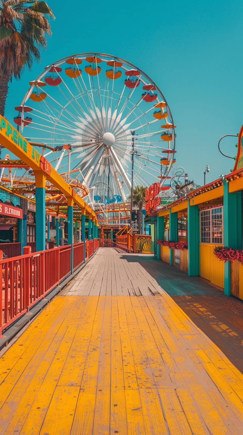 A long shot of the Santa Monica pier with its iconic Ferris wheel, sunny summer day, no people present. In the style of Moebius.