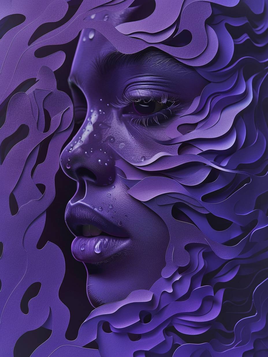 Artwork, distinctive shapes cutout like paper, drops shadow to background forming weird character, purple background, maximalism