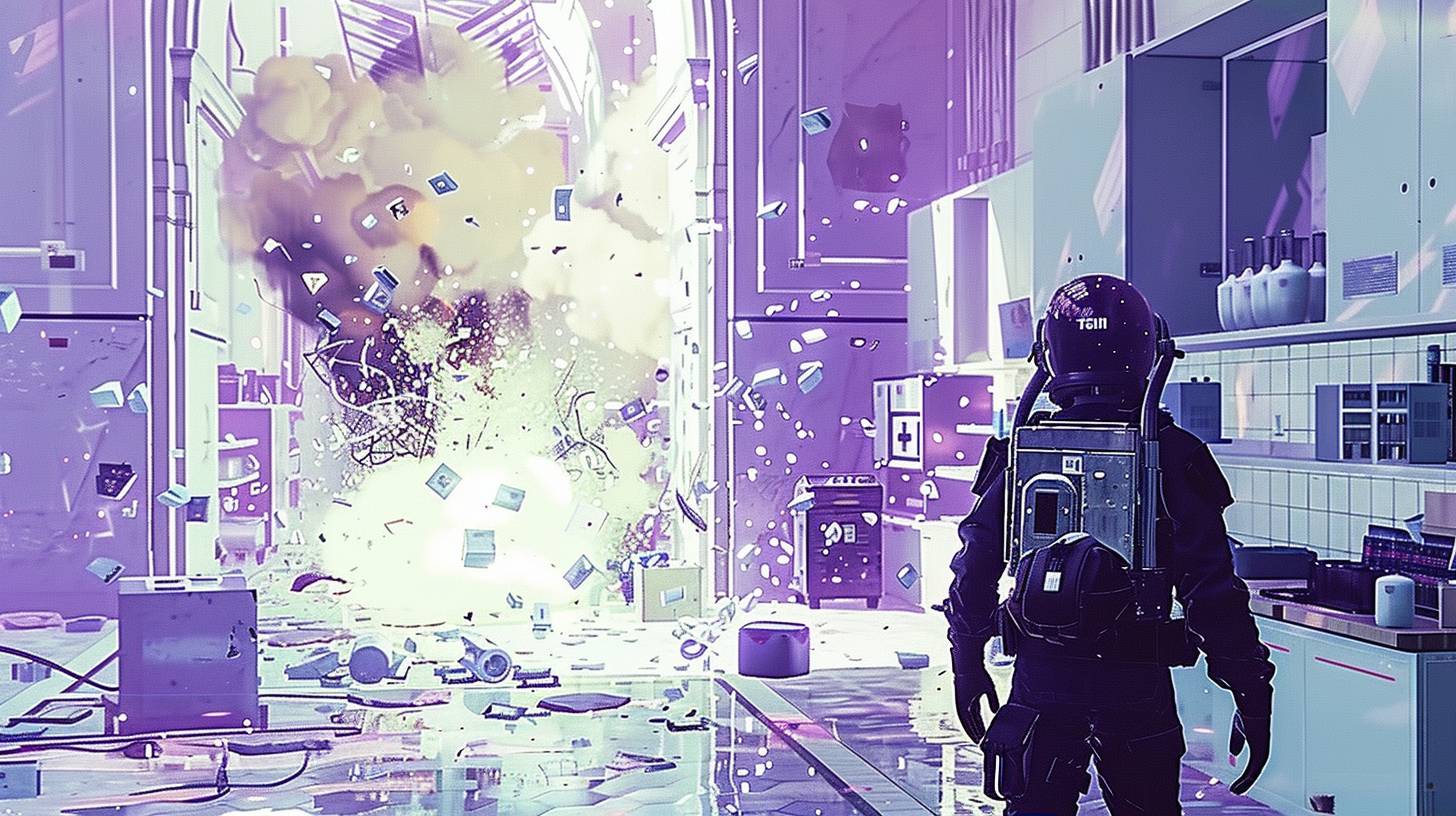 Ultra wide shot of black suit enforcer breaking into a lab, their mission is to acquire the Serum, white lab explodes, fire, destruction