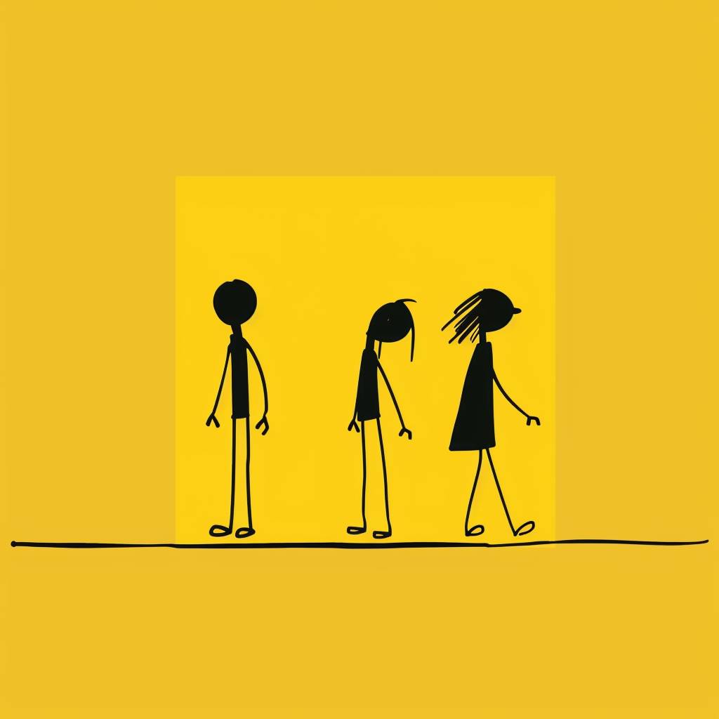 Create an ultra minimalist interpretation of the 'Distracted Boyfriend' meme. The image features three figures represented in a simple, continuous black line on a solid yellow background. The central figure, a man, is depicted turning his head towards the left to look at another figure, a woman, who is walking by. His body, however, remains facing forward towards the third figure, another woman, who looks at him with a disapproving expression. The style is abstract and reduces the characters to the most basic forms, focusing on the essence of the scene without any additional details.