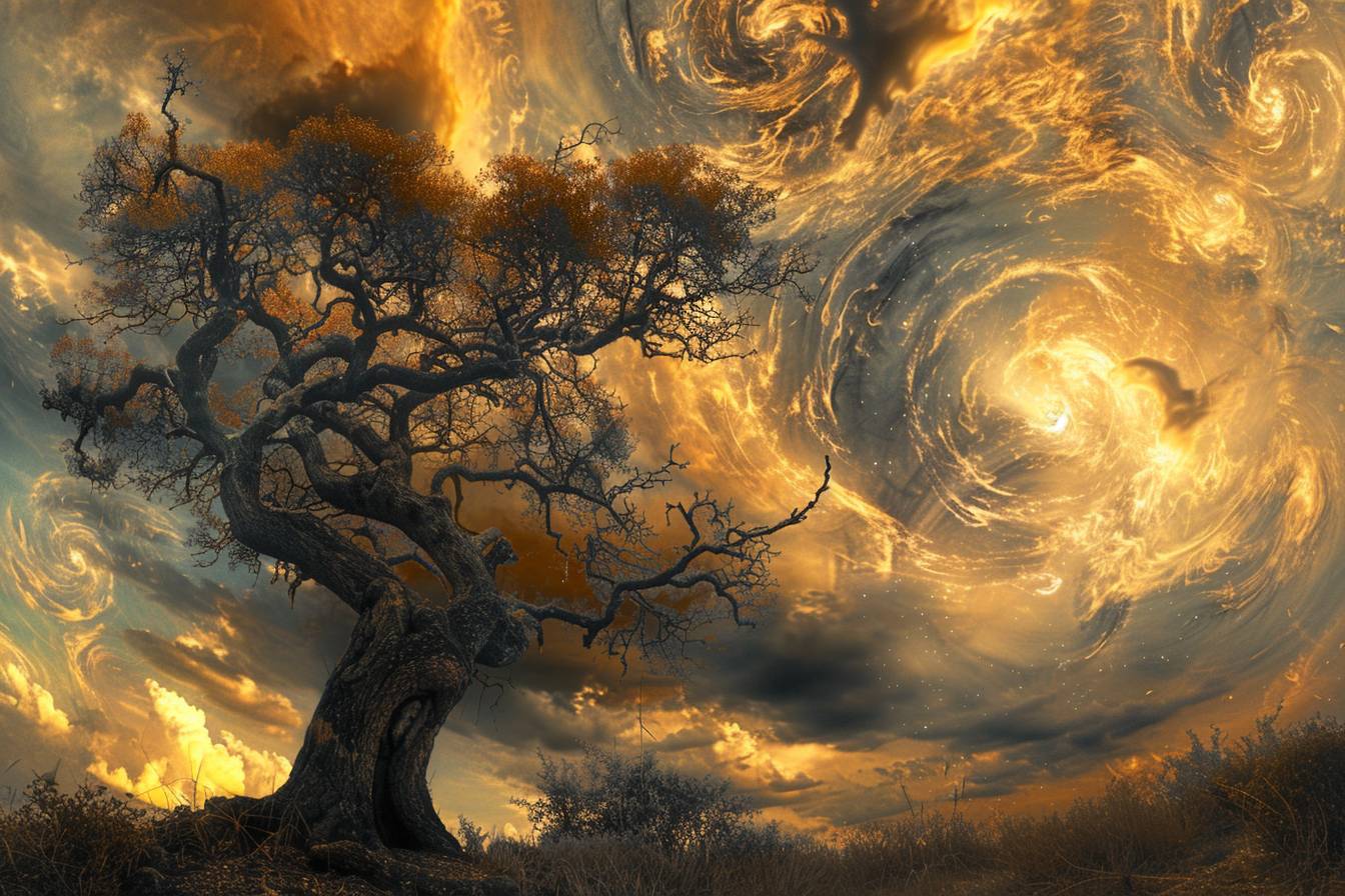 The ancient oak tree in 'Solar Sanctuary', standing beneath a sky filled with swirling golden clouds of solar plasma and azure streams of charged particles from the sun.