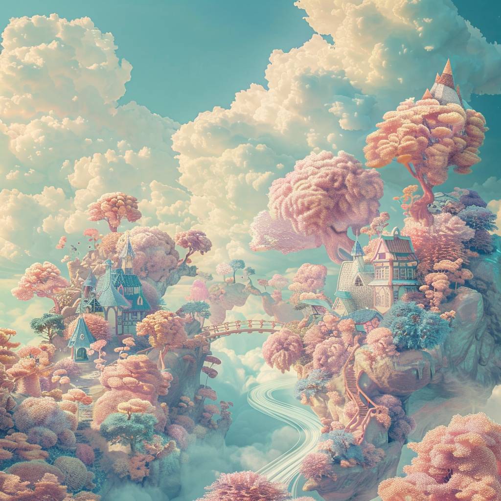 The overall color palette should be soft pastel colors and have a surreal, whimsical, magical, fantasy, dreamy feel.