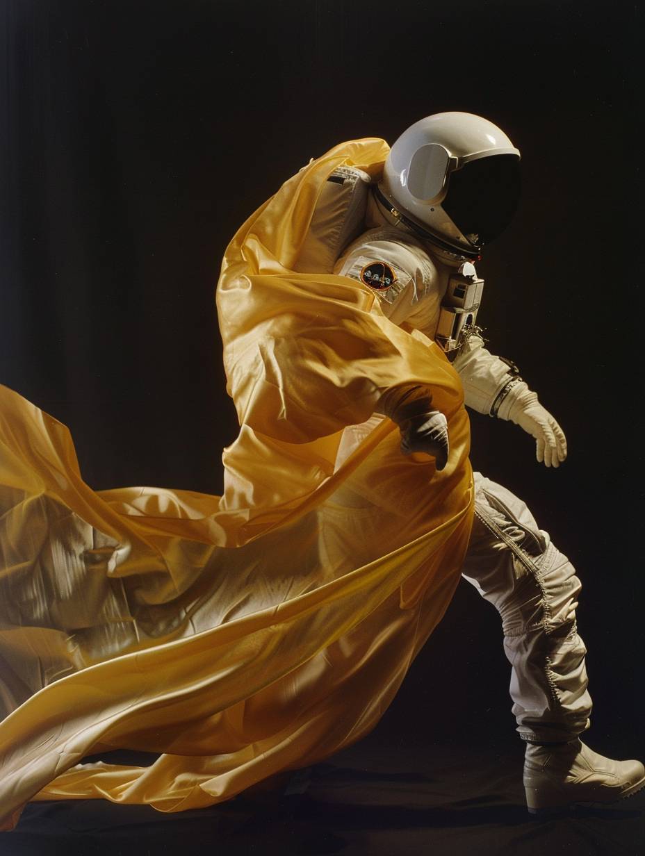 A photograph, side view. A NASA astronaut running away with a yellow satin fabric wrapped around their body, hindering their run. Strong wind. Harsh lighting, noon light, black background.