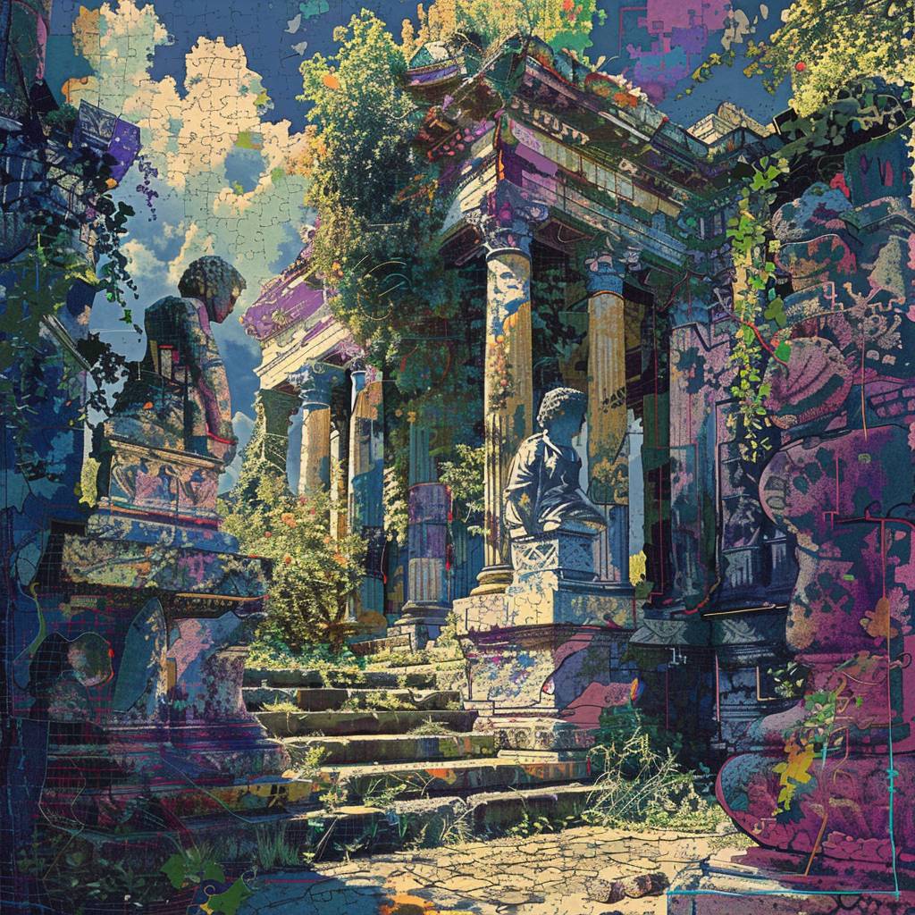 Ancient ruins with crumbling structures, statues, and overgrown vines, composed of bold, colorful patterns, ruins have a 3D effect, creating a sense of history and mystery.