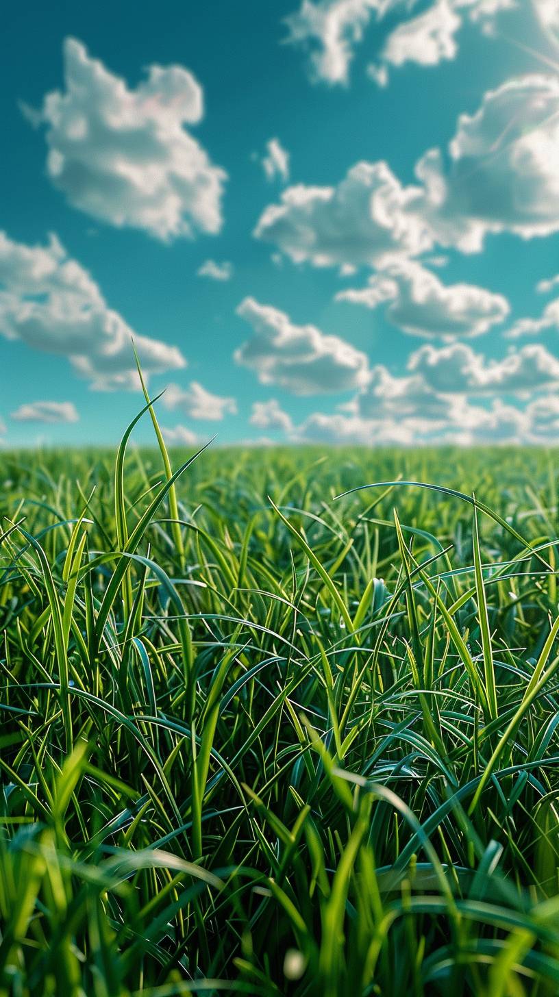 The background is green grass and sky blue tones, light colors and soft light, ultra-high-resolution photography style with flat perspectives, utilizing a wide-angle lens to highlight details.