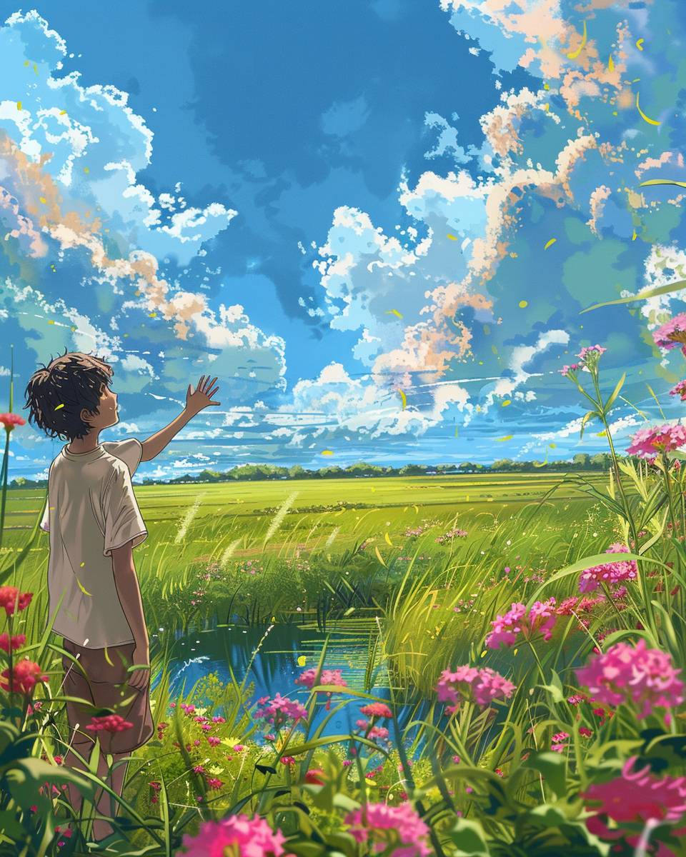 空に手を伸ばしポーズをとる人物のデジタルアニメーションアート。周りは大きな草地と池。カートゥーンアニメ風で、美しい景色、青い空に雲が点在する広大な風景、90年代のアニメ風、美しい青空、スタジオジブリのアニメスタイル、美しいマルチカラーパレット、田舎生活の賛美、カラフルな空、夏の色彩、地面を覆うピンクの花、宮崎駿ジブリスタイル、コミックアクションアート、ジブリアニメスタイルアート、カートゥーンスタイルアニメーションアート、90年代のアニメコミック、マンガ --ar 41:51 --スタイル ロウ --v 6.0