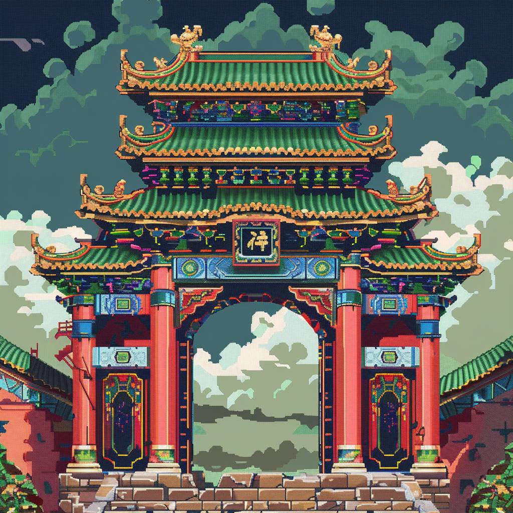 Chinese gate, style of owlboy pixel art