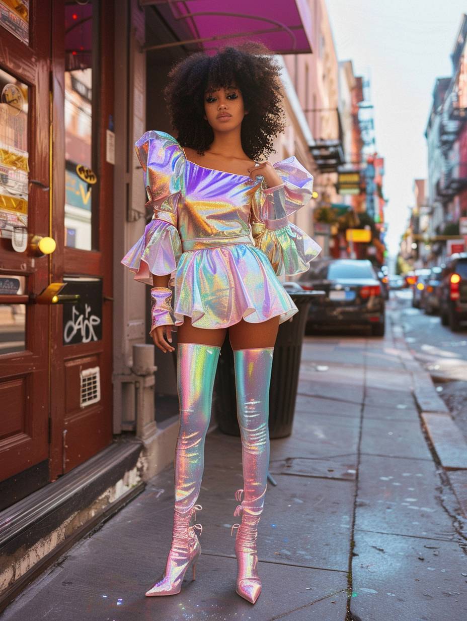 Cute, young, woman in a shiny iridescent pastel mini dress with puffy sleeves and a ruffled short skirt on the streets, curly look