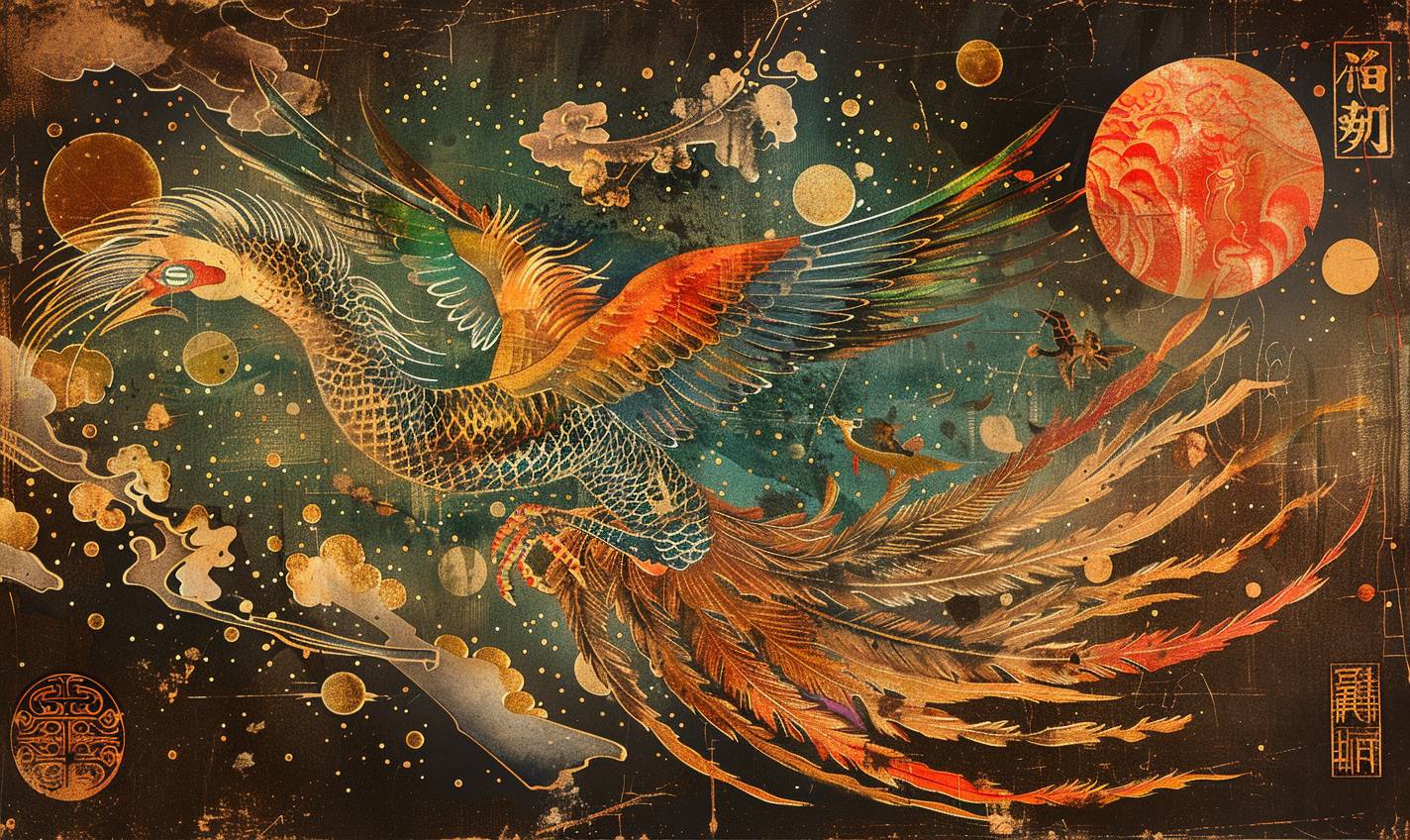 In the style of Utagawa Kuniyoshi, Cosmic phoenix gliding through the cosmos