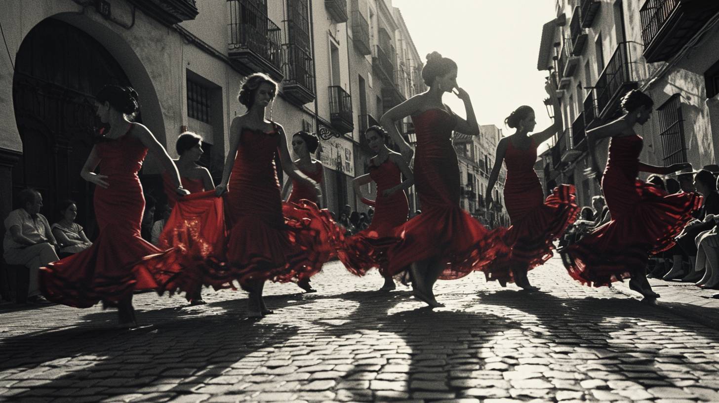 Seven dancers in a flamenco troupe. Intensity and rhythm. Red dresses. Seville street. Evening in 1990. Cobblestone street, spectators, old buildings. Wide shot, full body. Captured with a Canon EOS-1, Ilford HP5 Plus film. Street lamp casting long shadows, fabric caught mid-twirl.