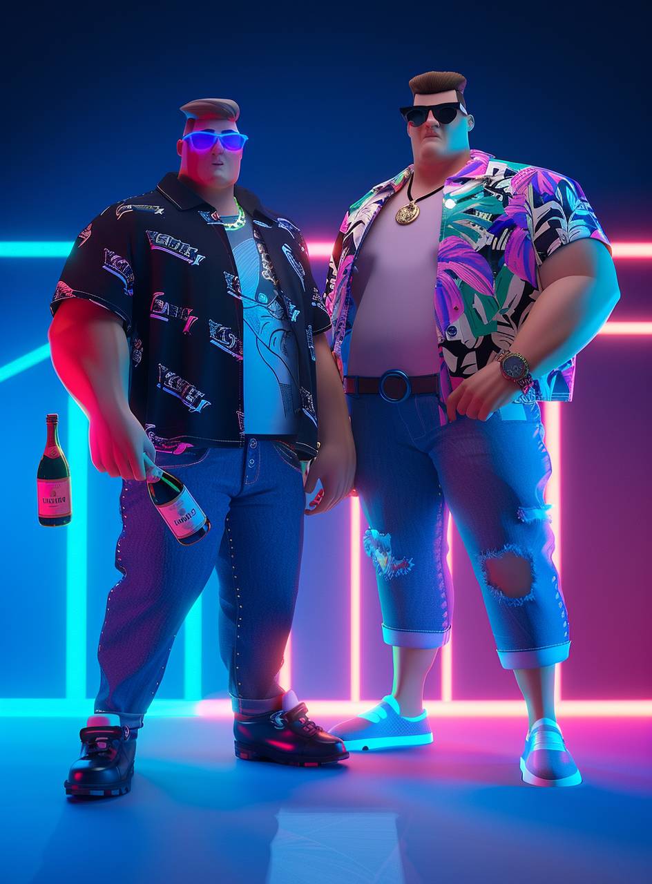 A Pixar cartoon of two disco men with crazy caricature holding bottles of champagne side by side, and next to them is another cartoon character celebrating.