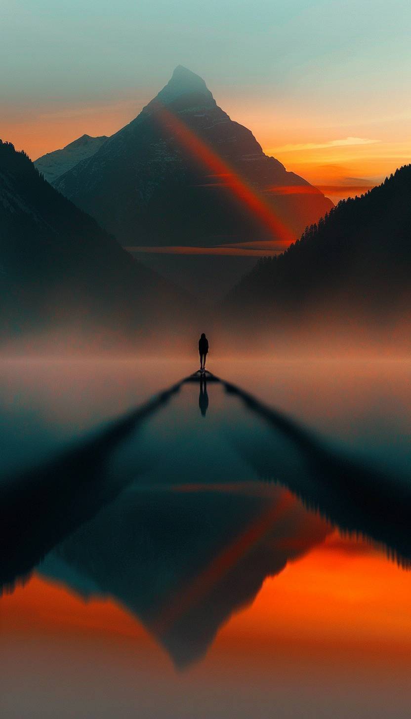 Close-up of a lady reflecting over a mountain lake, reflected rainbow, cinematic, serene landscape, sunrise