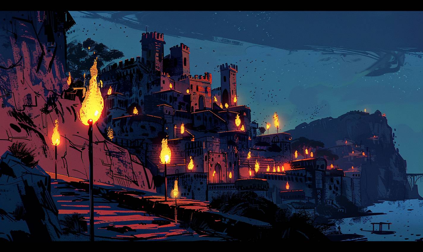 In the style of Jean Jullien, an ancient citadel lit by flickering torches
