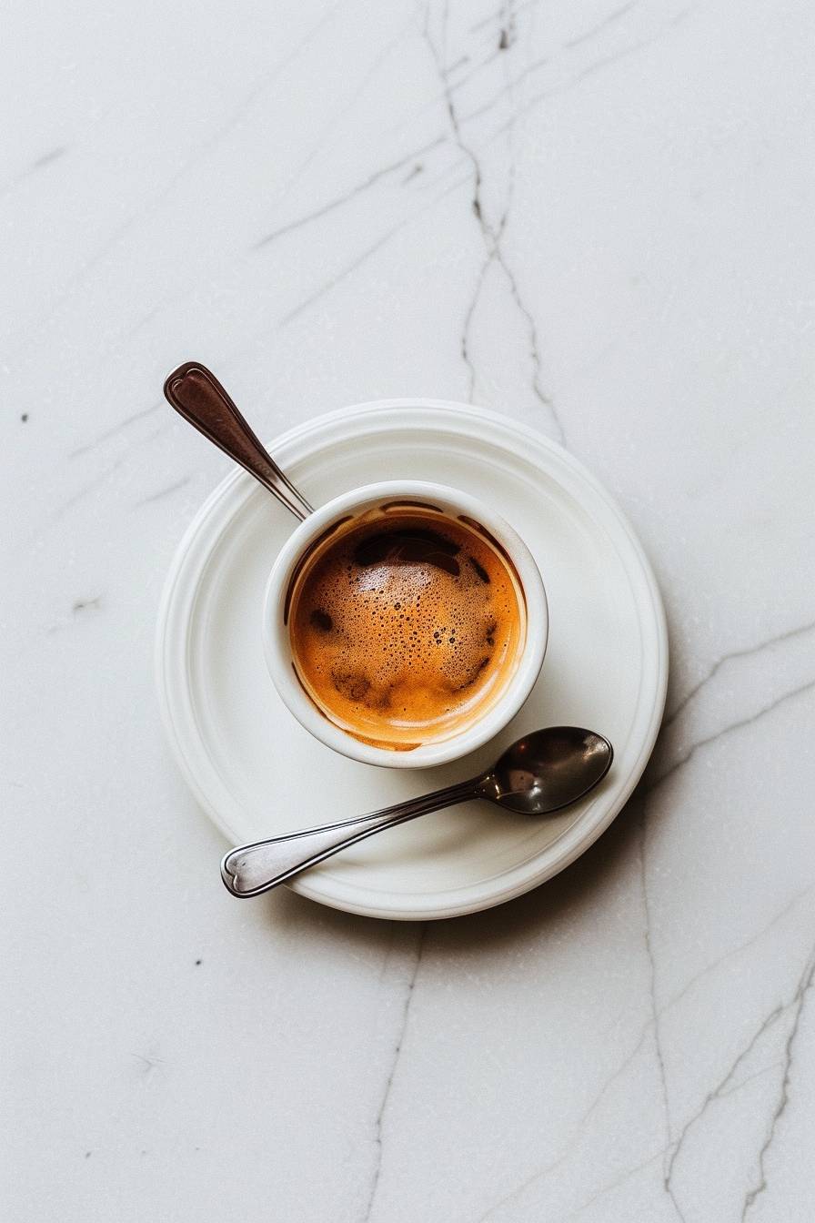 Espresso cup with spoon in saucer, Wes Anderson style, hyper-realistic photo, camera flash, minimal, kitsch, bird's eye view, overhead perspective photo, eye level, 4k