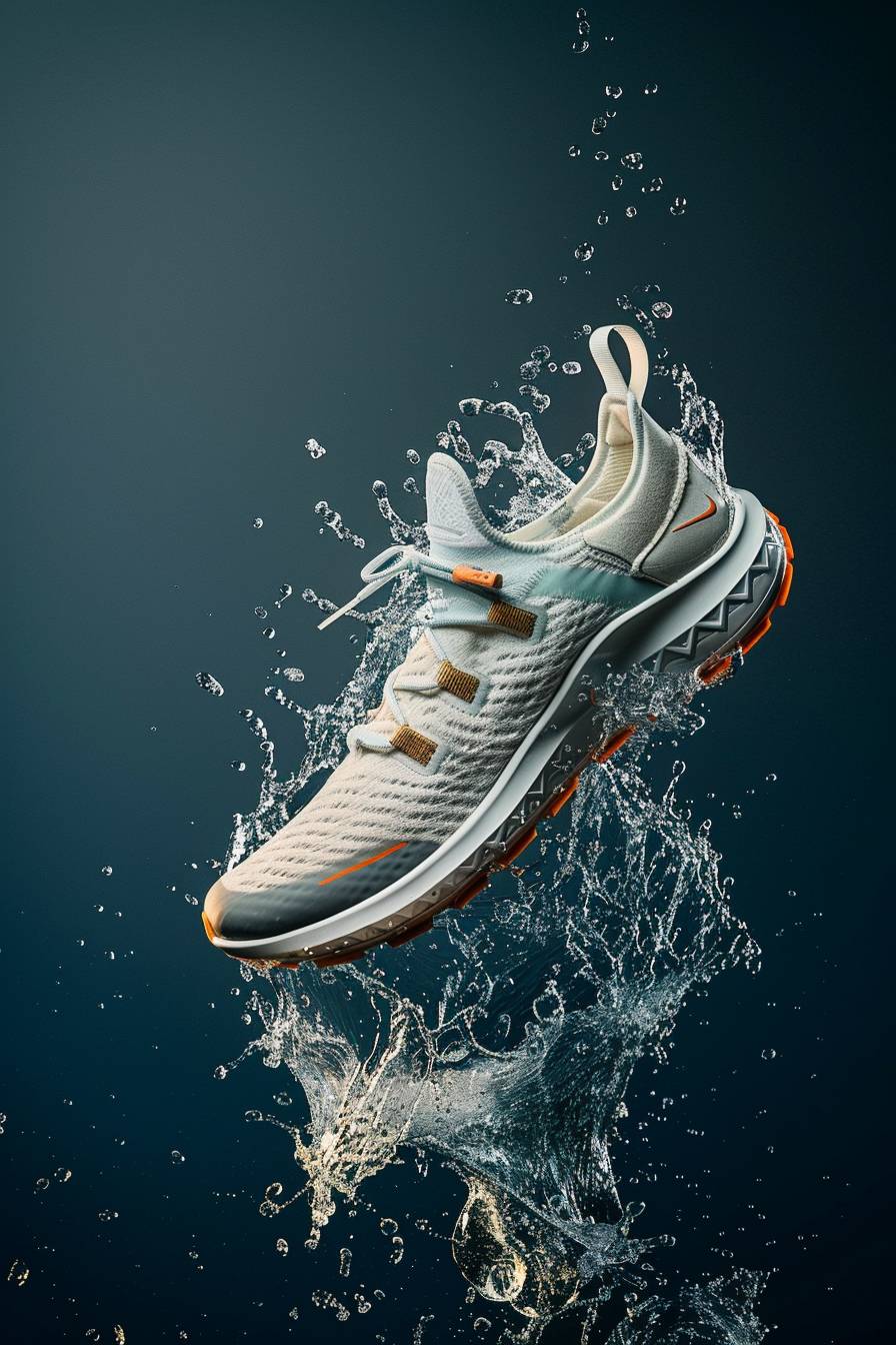 A stylish sneaker floating mid-air with a dynamic water splash around it, showcasing the shoe’s design and details, Professional product photography