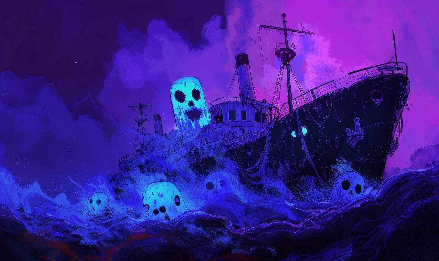 Allie Broshのスタイルで、幽霊船が幽霊のいる岸に漂着する