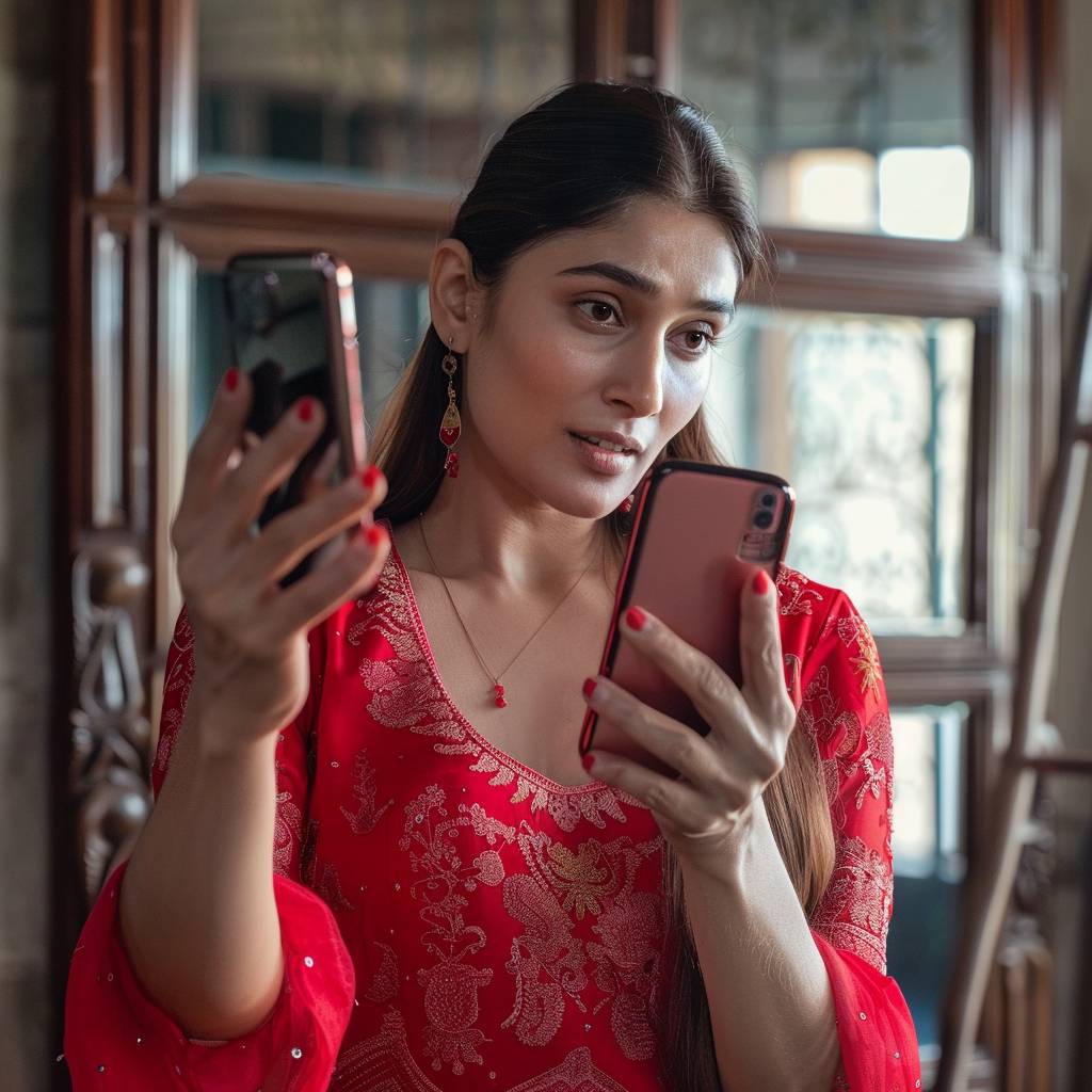 Indian actress Kareena Kapoor is holding a phone in one hand which is facing front, and she is pointing toward the phone from the other hand.