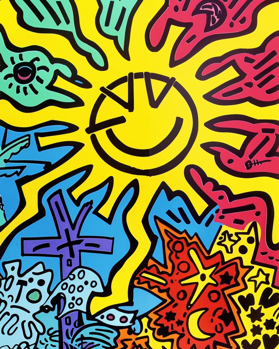 Keith Haring style poster about summer and sunrise, summer colors, vintage --ar 4:5 --style raw --stylize 0  --v 6.0
