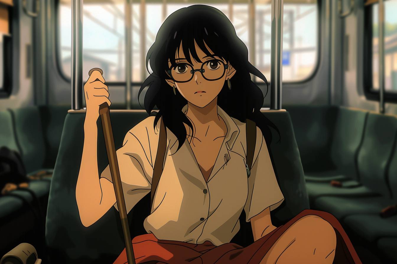 A young woman with bushy black hair, wearing glasses and holding a cane, sitting on a train chair, Ghibli style