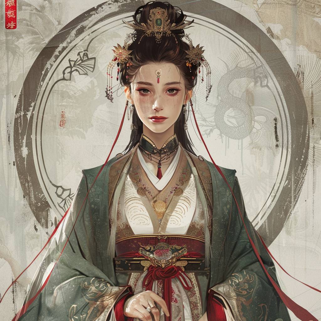 Illustrating a character wearing traditional attire from the Song Dynasty in China. Employing the Song Dynasty's characteristic dark and light color tones, hyperrealistic illustration, bold color choices, and meticulous brushwork in a symmetrical composition for a full-body portrait --v 6.0