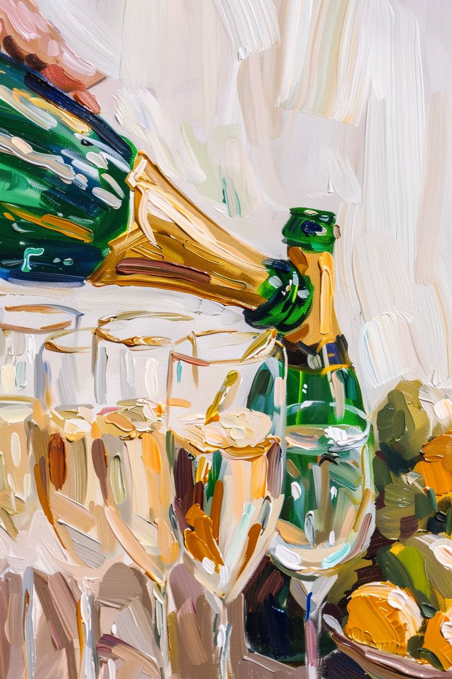 A small illustration of a champagne pyramid. There is a hand pouring champagne from a champagne bottle with champagne flowing from the top down, seen from afar, painted in broad brush strokes, oil painting, Henri Matisse, white background
