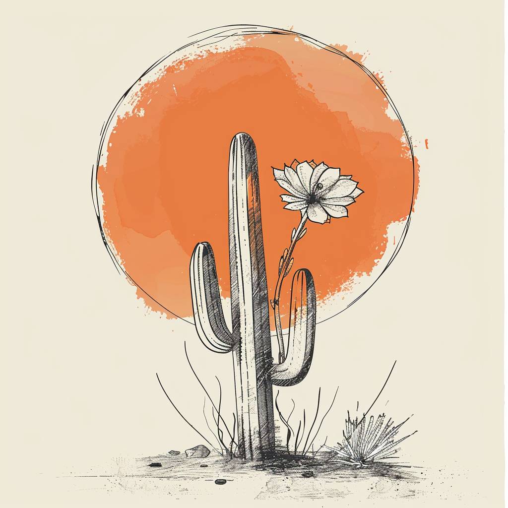 Single line drawing of a cactus with flower on a white background, icon in a white circle in the style of minimal beige color palette, soft lines and shapes, subtle color palette, organic forms and shapes, tangled forms pastel orange color background