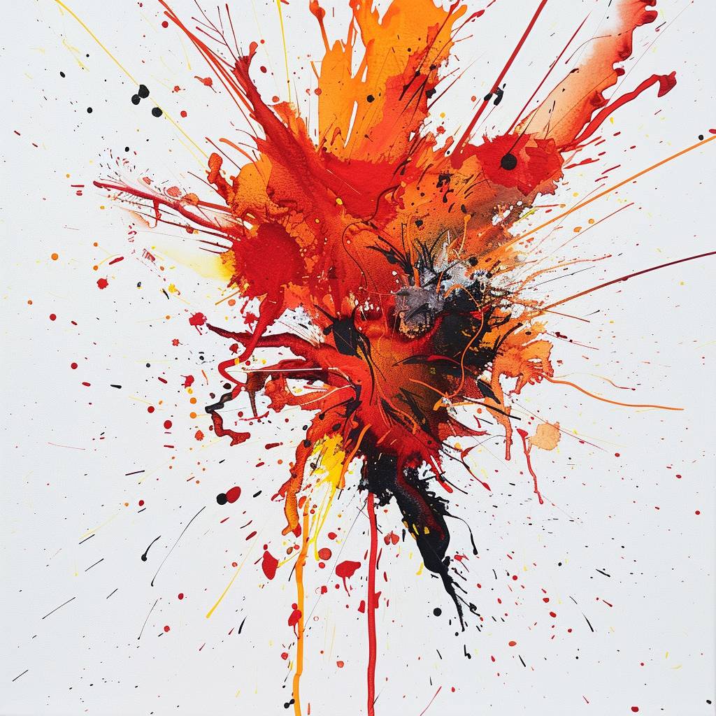 A splatter painting of an [Subject] in [Color1] and [Color2] paint, white background, centric, dripping and splashing effects, flat, 2D, fine brush strokes, artistic and expressive.